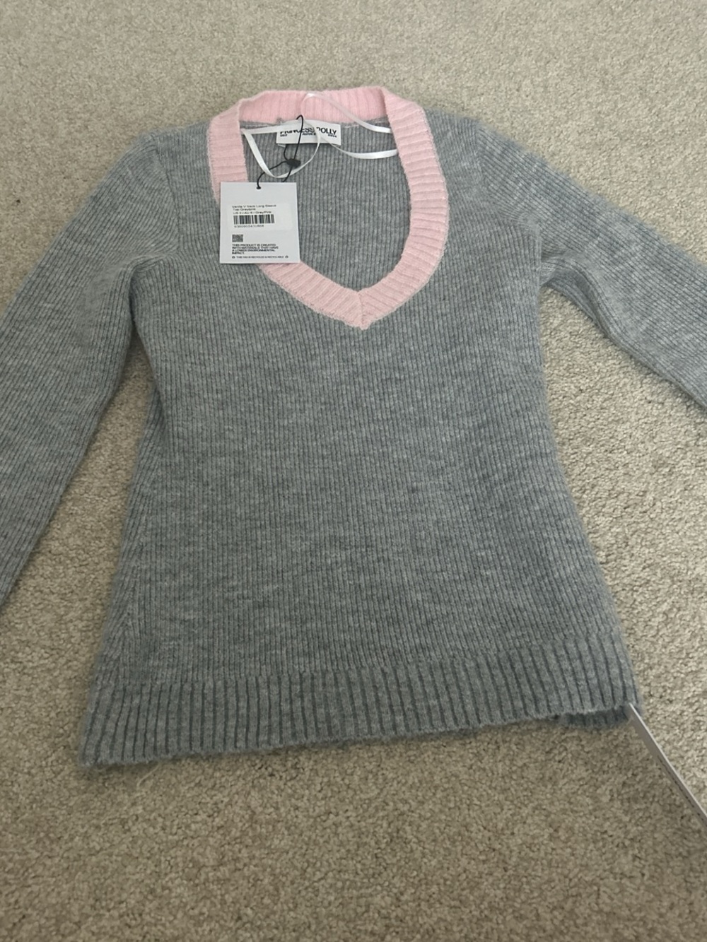 Princess Polly Gray Ribbed V-Neck Sweater with Pink Trim